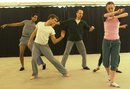 Pepe Serrano, Sean Stewart, Christopher Caines, and Keelin Ryan in rehearsal for ARIAS.